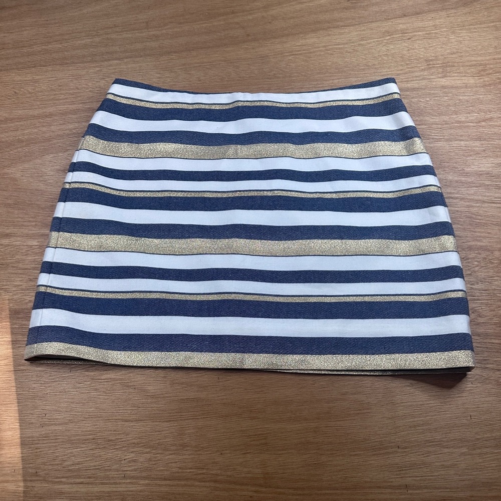 J Crew Striped Mini Skirt Womens 10 Blue White Gold Metallic Lined